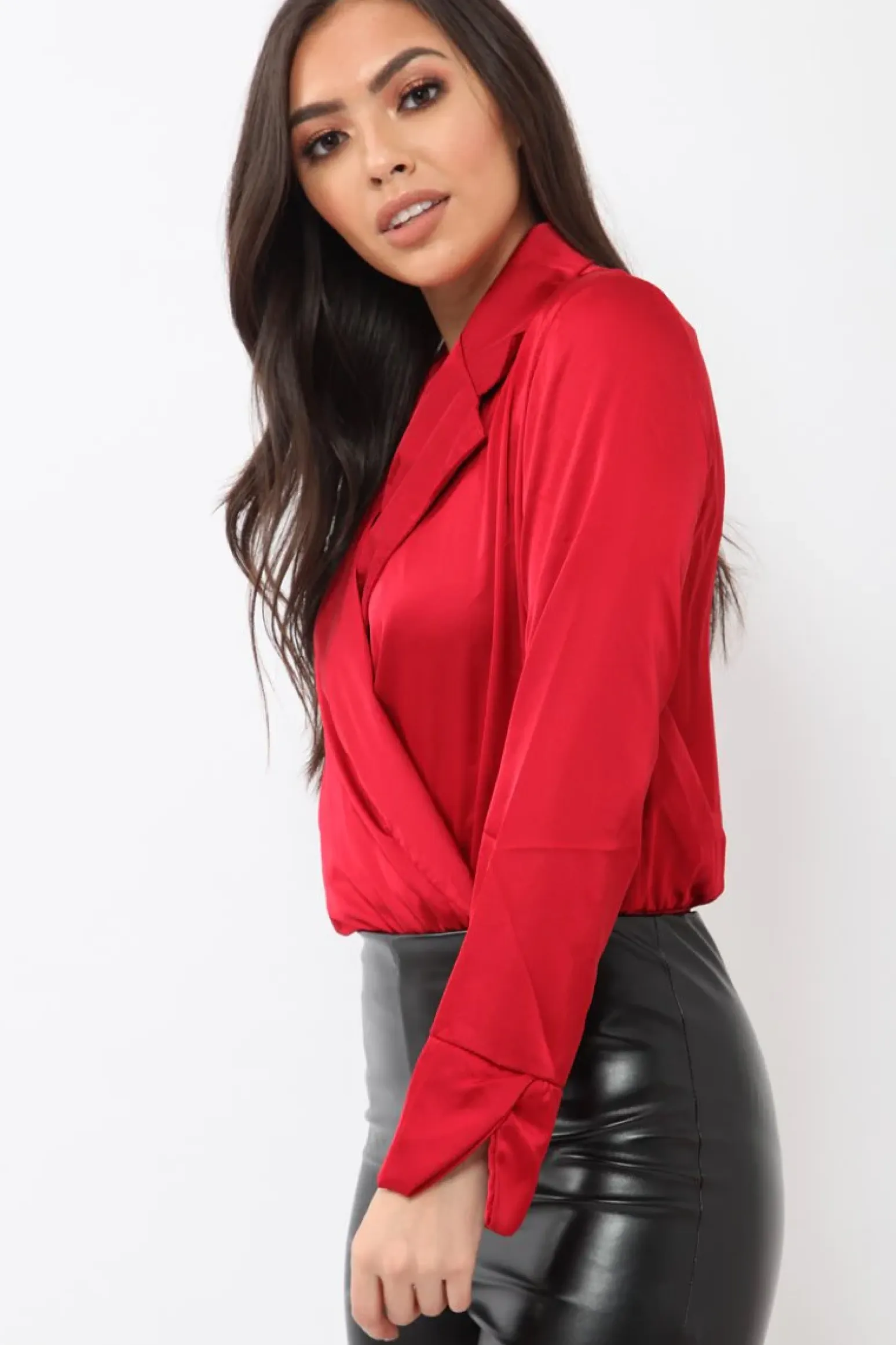 Rebellious Fashion Wine Plunge Satin Bodysuit - Rebeka