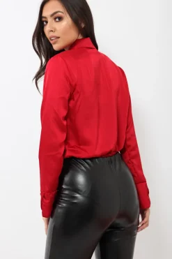 Rebellious Fashion Wine Plunge Satin Bodysuit - Rebeka