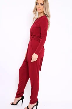 Rebellious Fashion Wine Plunge Tie Back Jumpsuit - Brittney