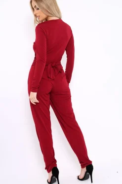 Rebellious Fashion Wine Plunge Tie Back Jumpsuit - Brittney