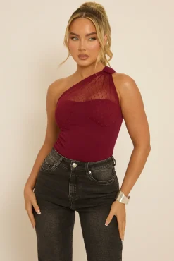 Rebellious Fashion Wine Polka Mesh Corset One Shoulder Bodysuit - Carrie