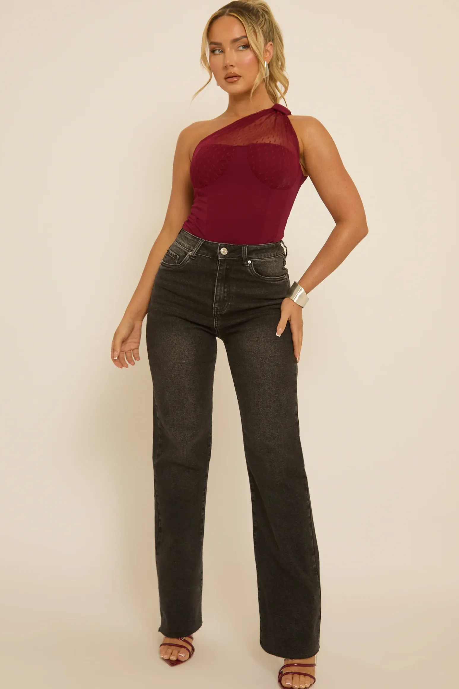 Rebellious Fashion Wine Polka Mesh Corset One Shoulder Bodysuit - Carrie