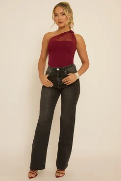 Rebellious Fashion Wine Polka Mesh Corset One Shoulder Bodysuit - Carrie
