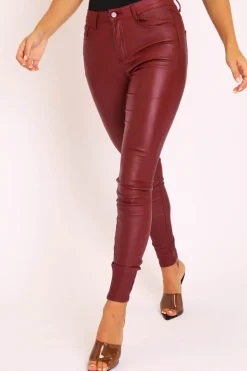 Rebellious Fashion Wine PU Coated Skinny Jeans - Rachell