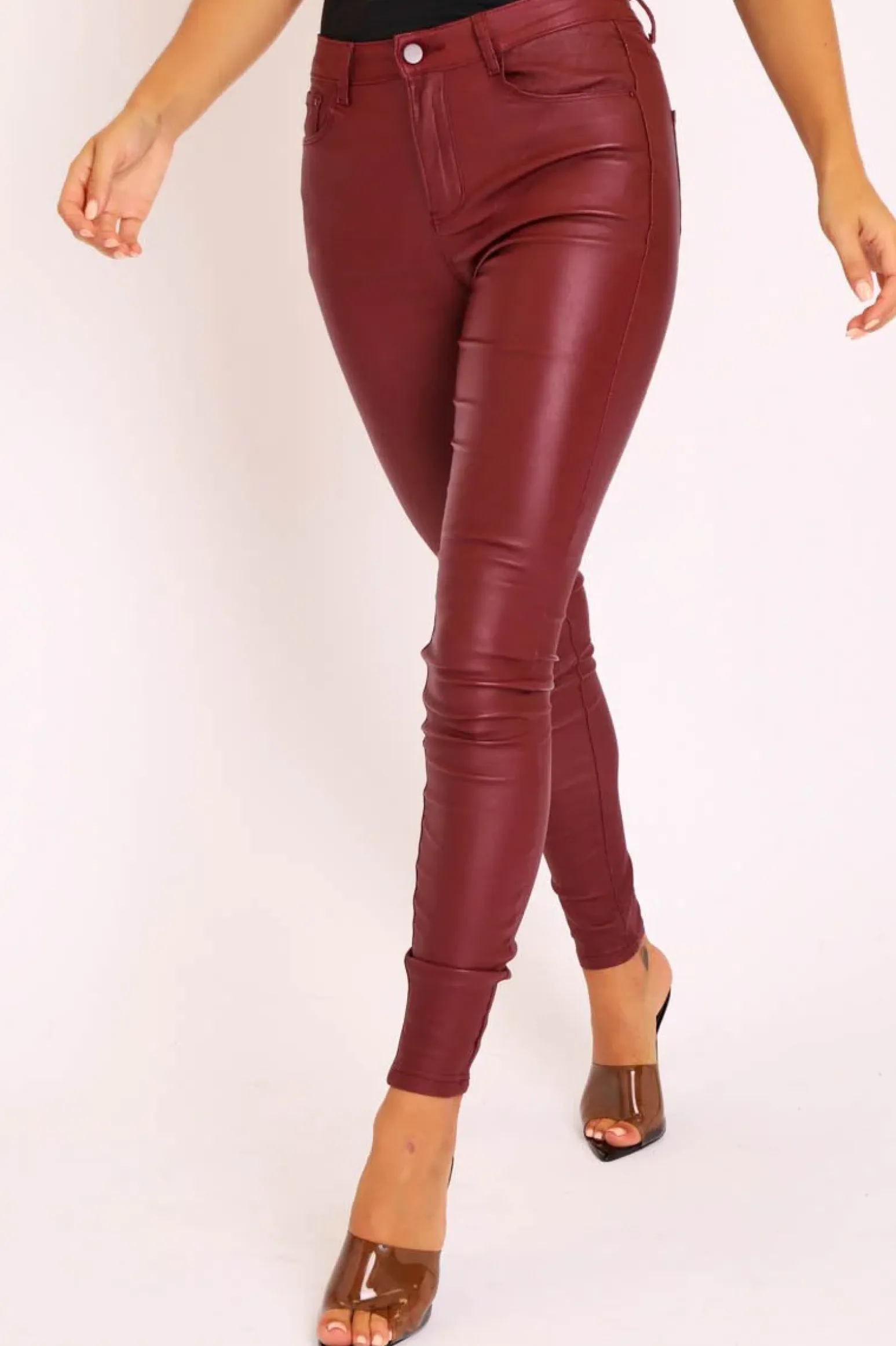 Rebellious Fashion Wine PU Coated Skinny Jeans - Rachell