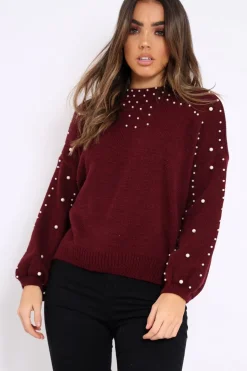 Rebellious Fashion Wine Puff Sleeve Pearl Chunky Knit Jumper - Nancie