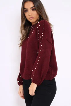 Rebellious Fashion Wine Puff Sleeve Pearl Chunky Knit Jumper - Nancie
