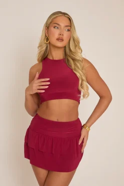 Rebellious Fashion Wine Racer Crop Top and Frill Mini Skirt Co-ord Set- Anneliese