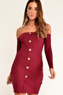 Rebellious Fashion Wine Rib Bardot Button Down Mini Dress - Janora