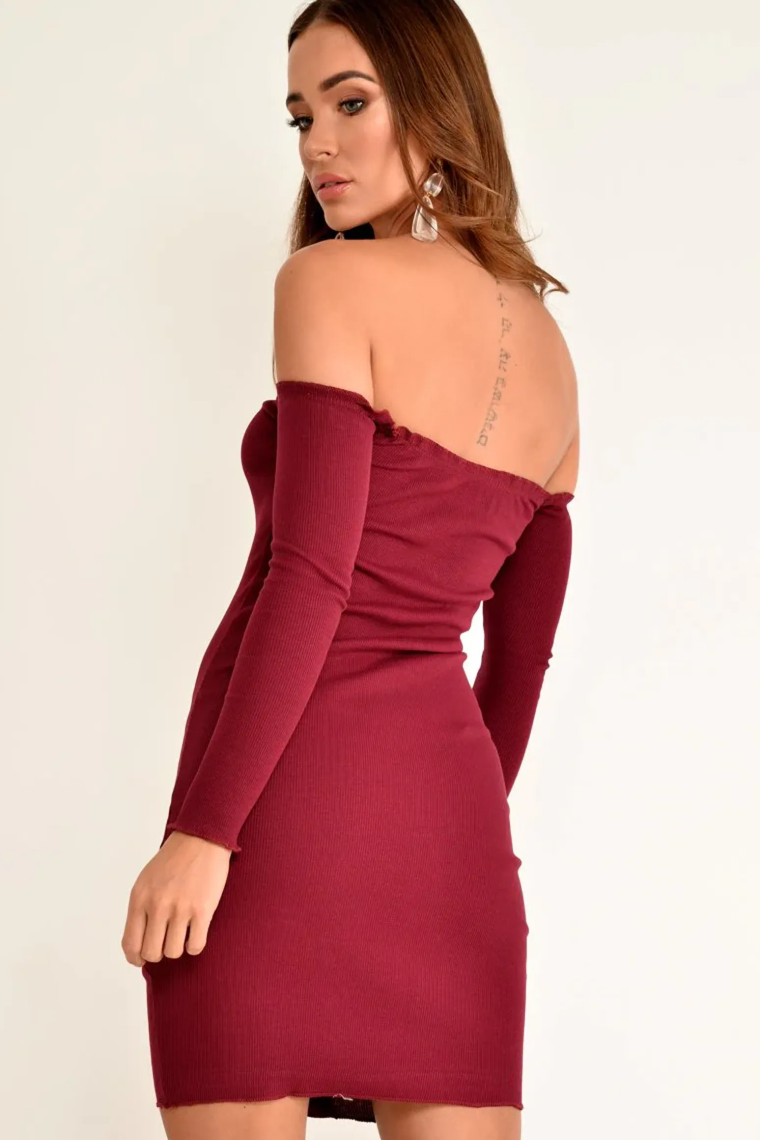 Rebellious Fashion Wine Rib Bardot Button Down Mini Dress - Janora
