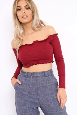 Rebellious Fashion Wine Ribbed Frill Bardot Crop Top - Cassidy
