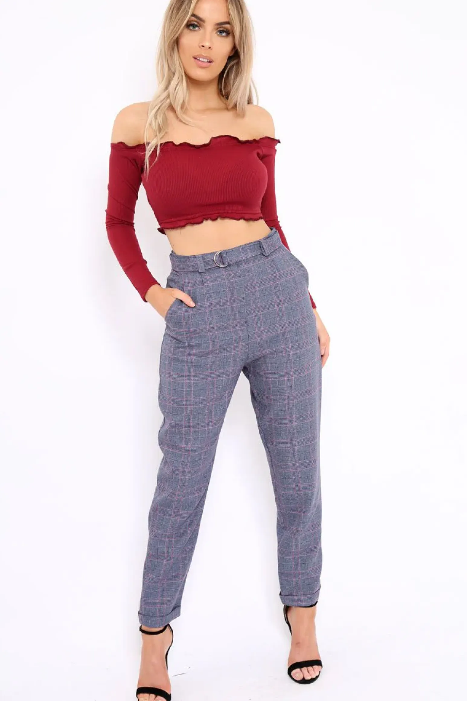 Rebellious Fashion Wine Ribbed Frill Bardot Crop Top - Cassidy