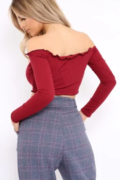 Rebellious Fashion Wine Ribbed Frill Bardot Crop Top - Cassidy