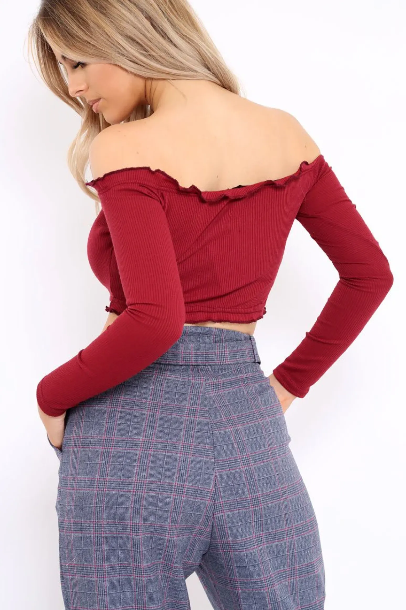 Rebellious Fashion Wine Ribbed Frill Bardot Crop Top - Cassidy