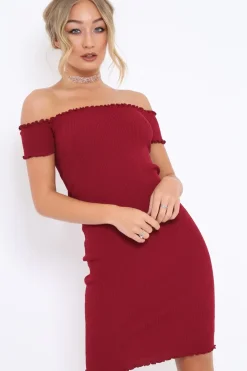 Rebellious Fashion Wine Ribbed Frill Hem Bardot Bodycon Dress - Kamille