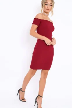 Rebellious Fashion Wine Ribbed Frill Hem Bardot Bodycon Dress - Kamille