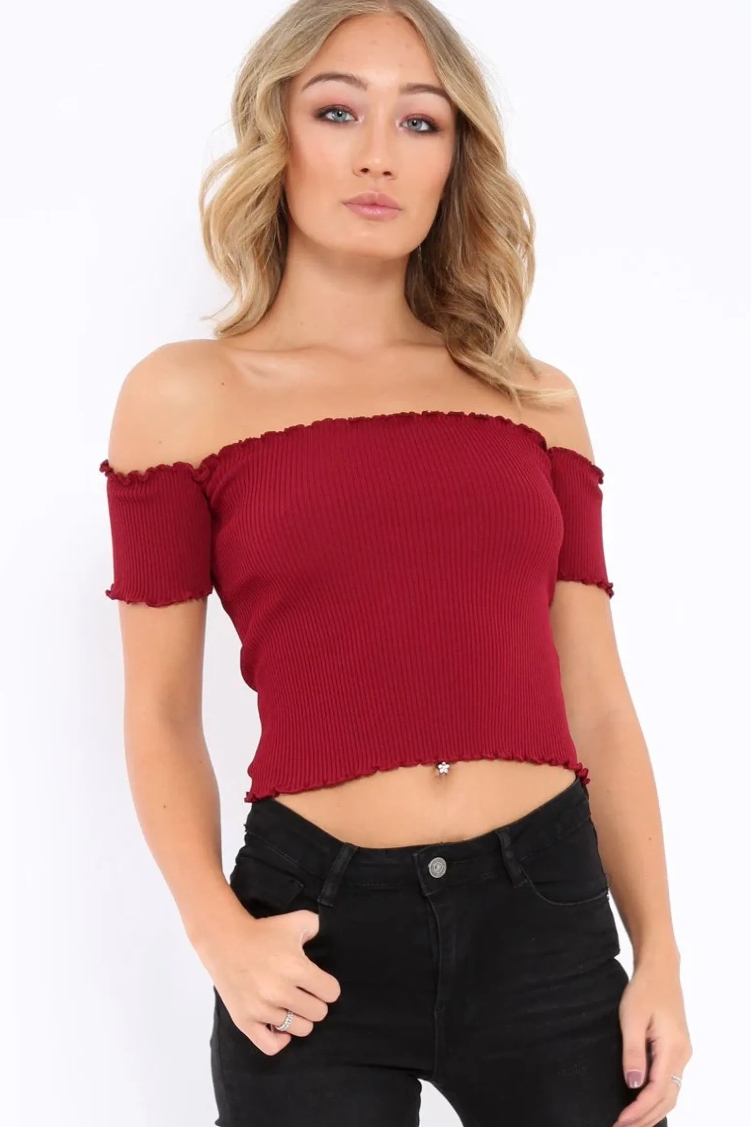 Rebellious Fashion Wine Ribbed Frill Hem Bardot Crop Top - Adelle