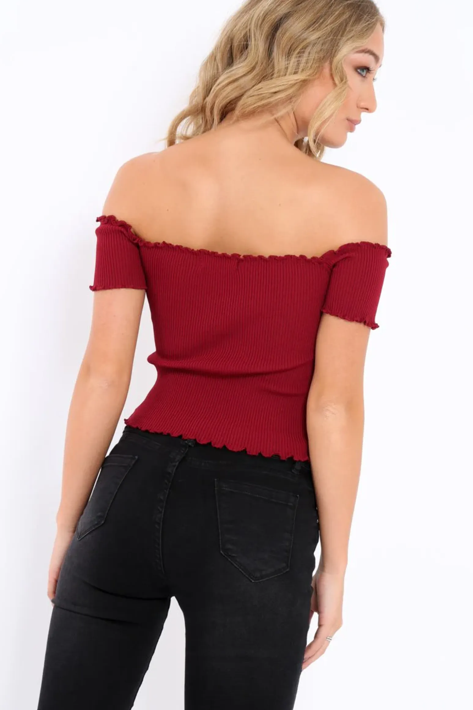 Rebellious Fashion Wine Ribbed Frill Hem Bardot Crop Top - Adelle