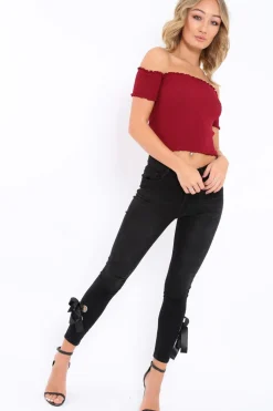 Rebellious Fashion Wine Ribbed Frill Hem Bardot Crop Top - Adelle