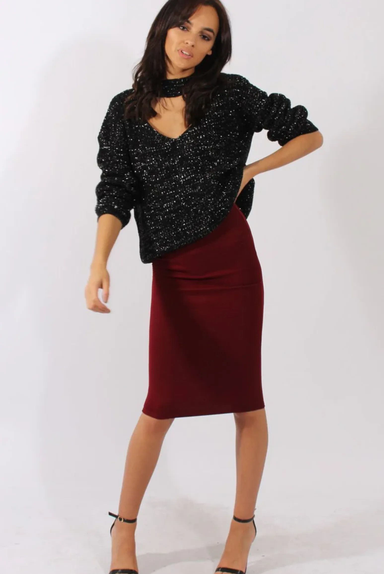 Rebellious Fashion Wine Ribbed High Waisted Midi Skirt - Della
