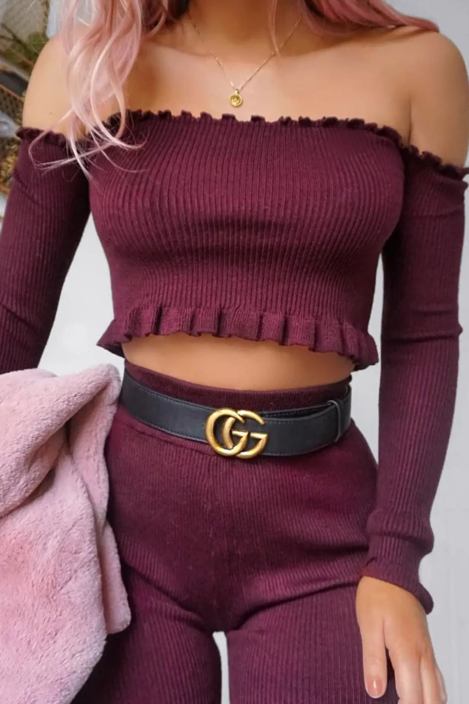Rebellious Fashion Wine Ribbed Knit Co-ord - Luna