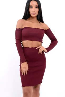 Rebellious Fashion Wine Ribbed Knitted Co-ord with Frill Hems - Sicilie