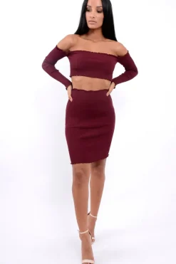 Rebellious Fashion Wine Ribbed Knitted Co-ord with Frill Hems - Sicilie