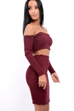 Rebellious Fashion Wine Ribbed Knitted Co-ord with Frill Hems - Sicilie