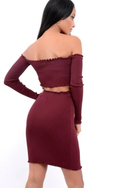 Rebellious Fashion Wine Ribbed Knitted Co-ord with Frill Hems - Sicilie