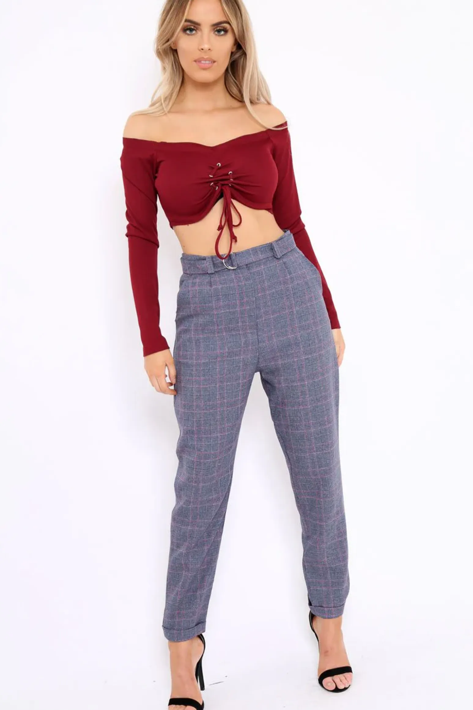 Rebellious Fashion Wine Ribbed Lace Up Front Crop Top - Emmy