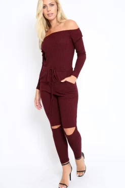 Rebellious Fashion Wine Ribbed Rip Knee Jumpsuit - Chyna