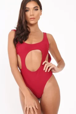 Rebellious Fashion Wine Round Cutout Backless Swimsuit - Rinda