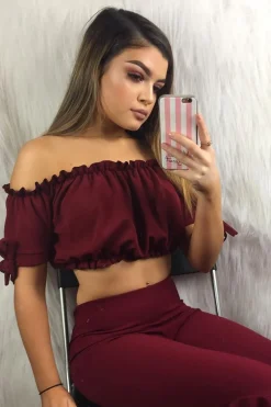 Rebellious Fashion Wine Ruched Bardot Gypsy Crop Top - Janette
