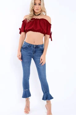 Rebellious Fashion Wine Ruched Bardot Gypsy Crop Top - Janette