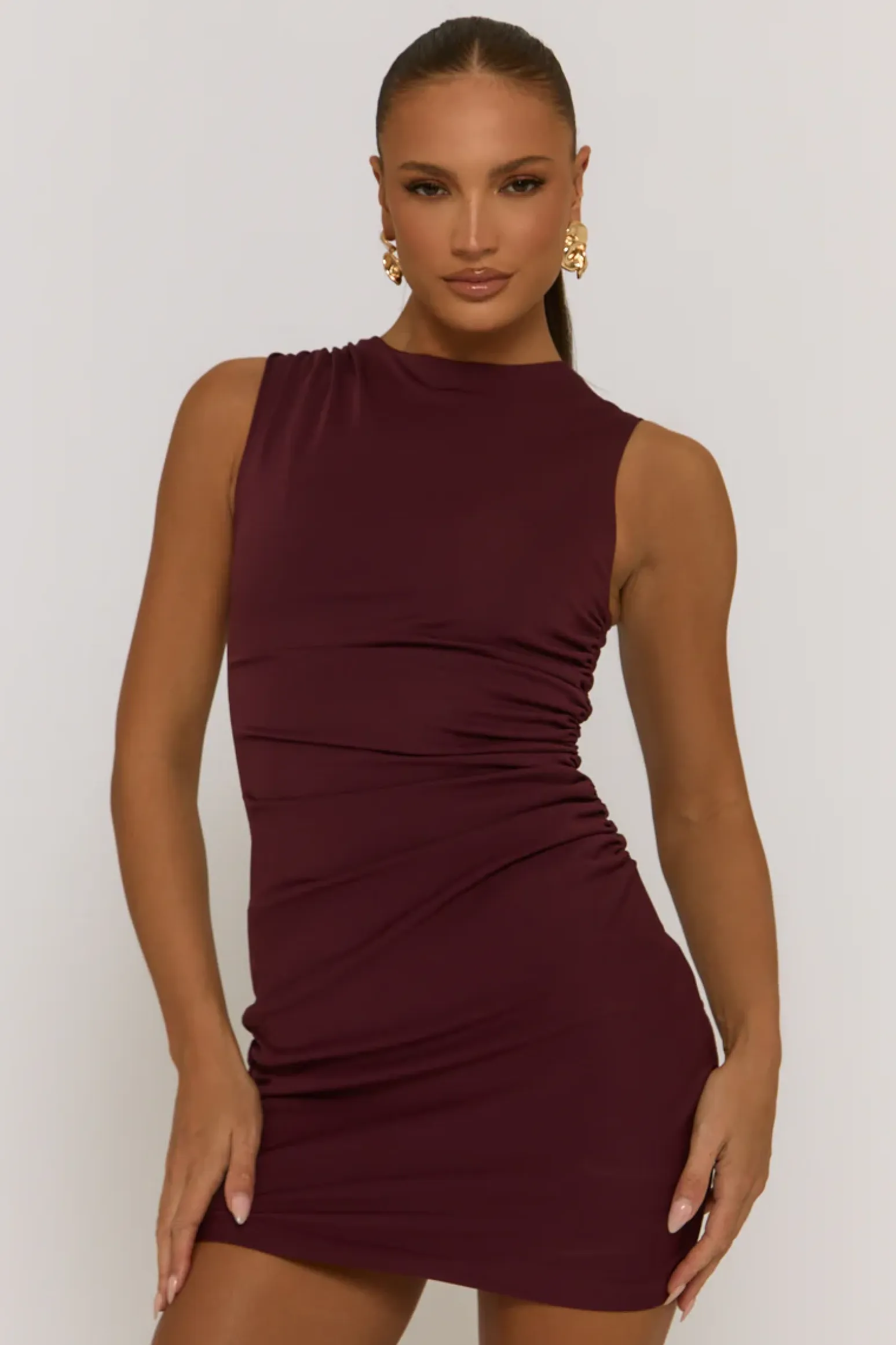 Rebellious Fashion Wine Ruched Side Shift Mini Dress - Irina