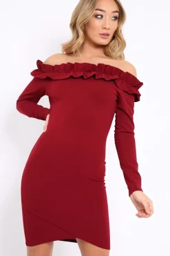 Rebellious Fashion Wine Ruffle Bardot Bodycon Dress - Alix
