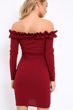 Rebellious Fashion Wine Ruffle Bardot Bodycon Dress - Alix