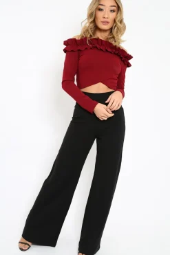 Rebellious Fashion Wine Ruffle Bardot Crop Top - Milly