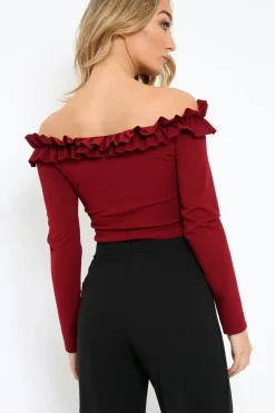Rebellious Fashion Wine Ruffle Bardot Crop Top - Milly