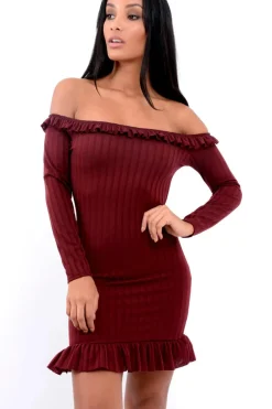 Rebellious Fashion Wine Ruffle Hem Ribbed Bardot Mini Dress - Destiny