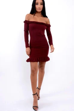 Rebellious Fashion Wine Ruffle Hem Ribbed Bardot Mini Dress - Destiny