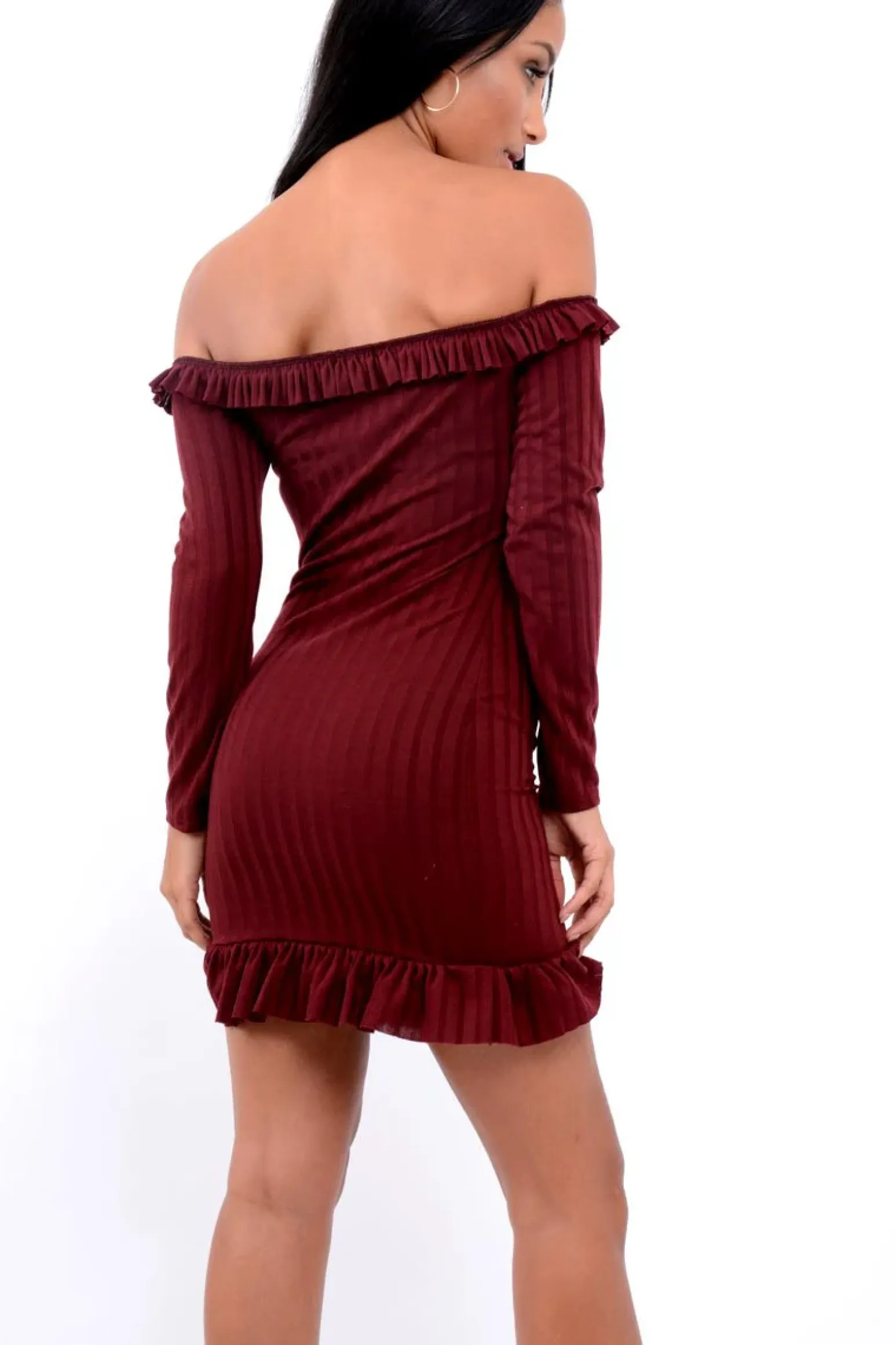 Rebellious Fashion Wine Ruffle Hem Ribbed Bardot Mini Dress - Destiny