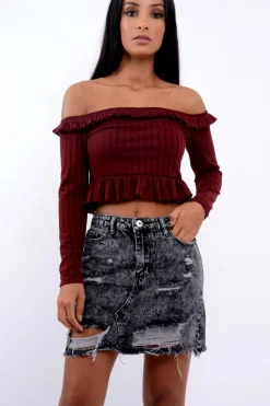 Rebellious Fashion Wine Ruffle Hem Ribbed Bardot Crop Top - Kaitlyn