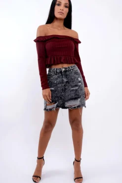 Rebellious Fashion Wine Ruffle Hem Ribbed Bardot Crop Top - Kaitlyn