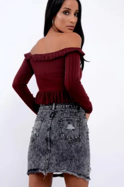 Rebellious Fashion Wine Ruffle Hem Ribbed Bardot Crop Top - Kaitlyn