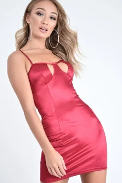Rebellious Fashion Wine Satin Cut Out Cup Mini Dress - Kirah