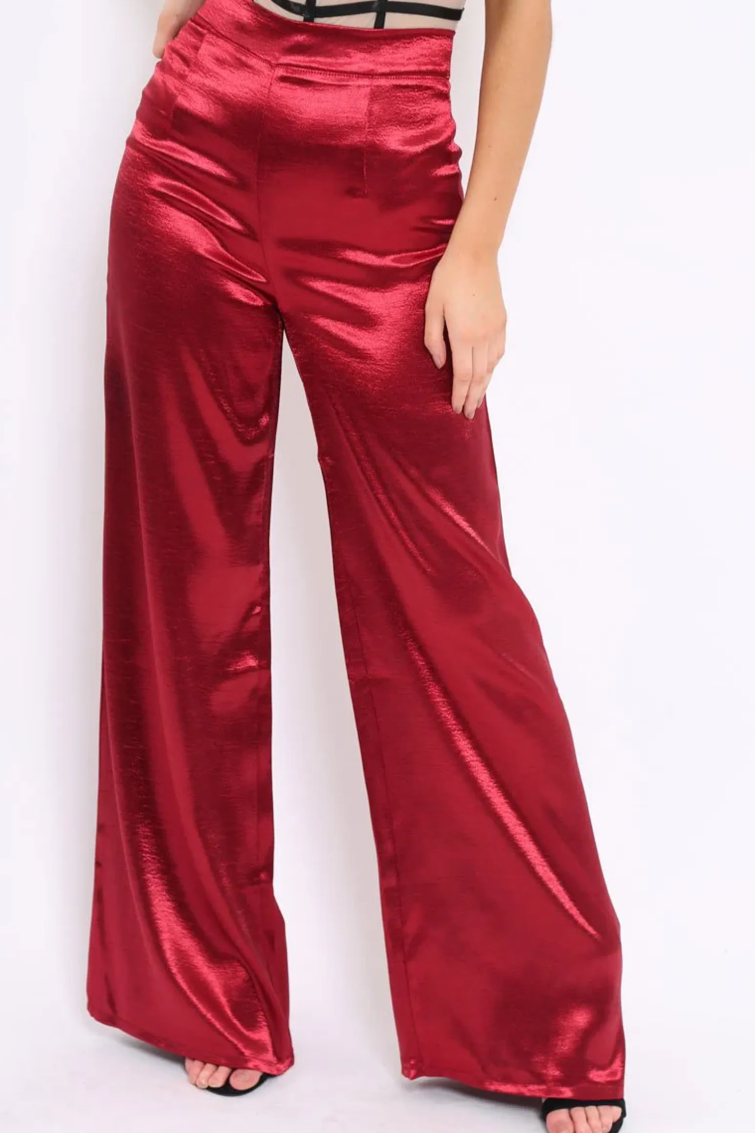 Rebellious Fashion Wine Satin High Waist Flare Trousers -Tisha