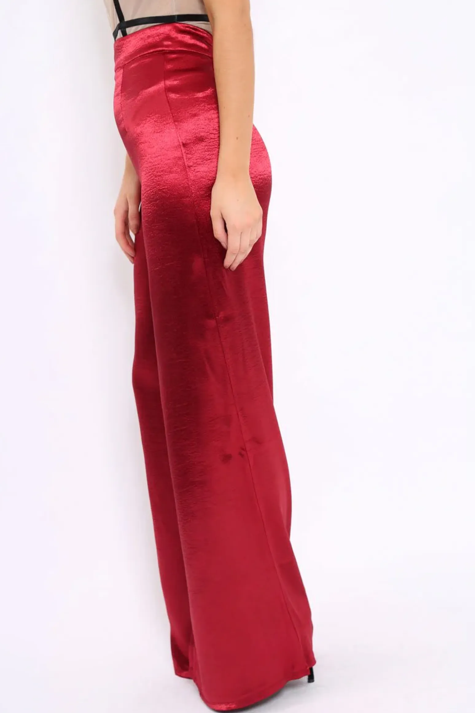 Rebellious Fashion Wine Satin High Waist Flare Trousers -Tisha