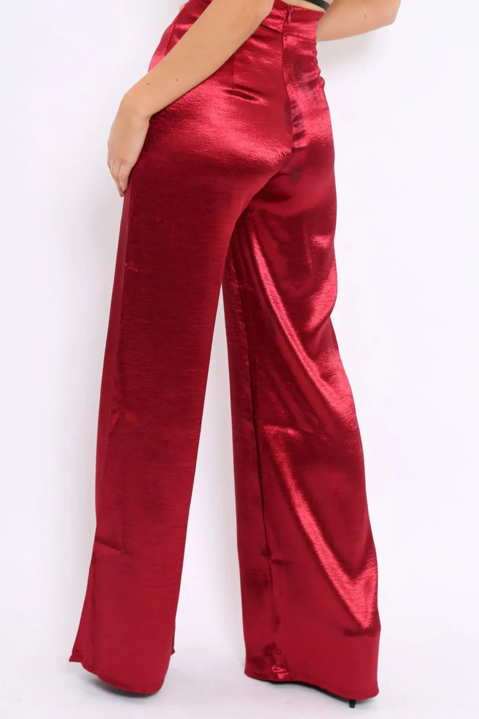 Rebellious Fashion Wine Satin High Waist Flare Trousers -Tisha