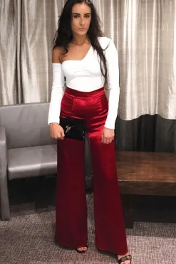 Rebellious Fashion Wine Satin High Waist Flare Trousers -Tisha